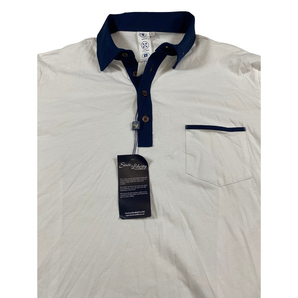State & Liberty Mens Athletic Fit SS Polo Shirt White Navy Blue Large NEW NWT